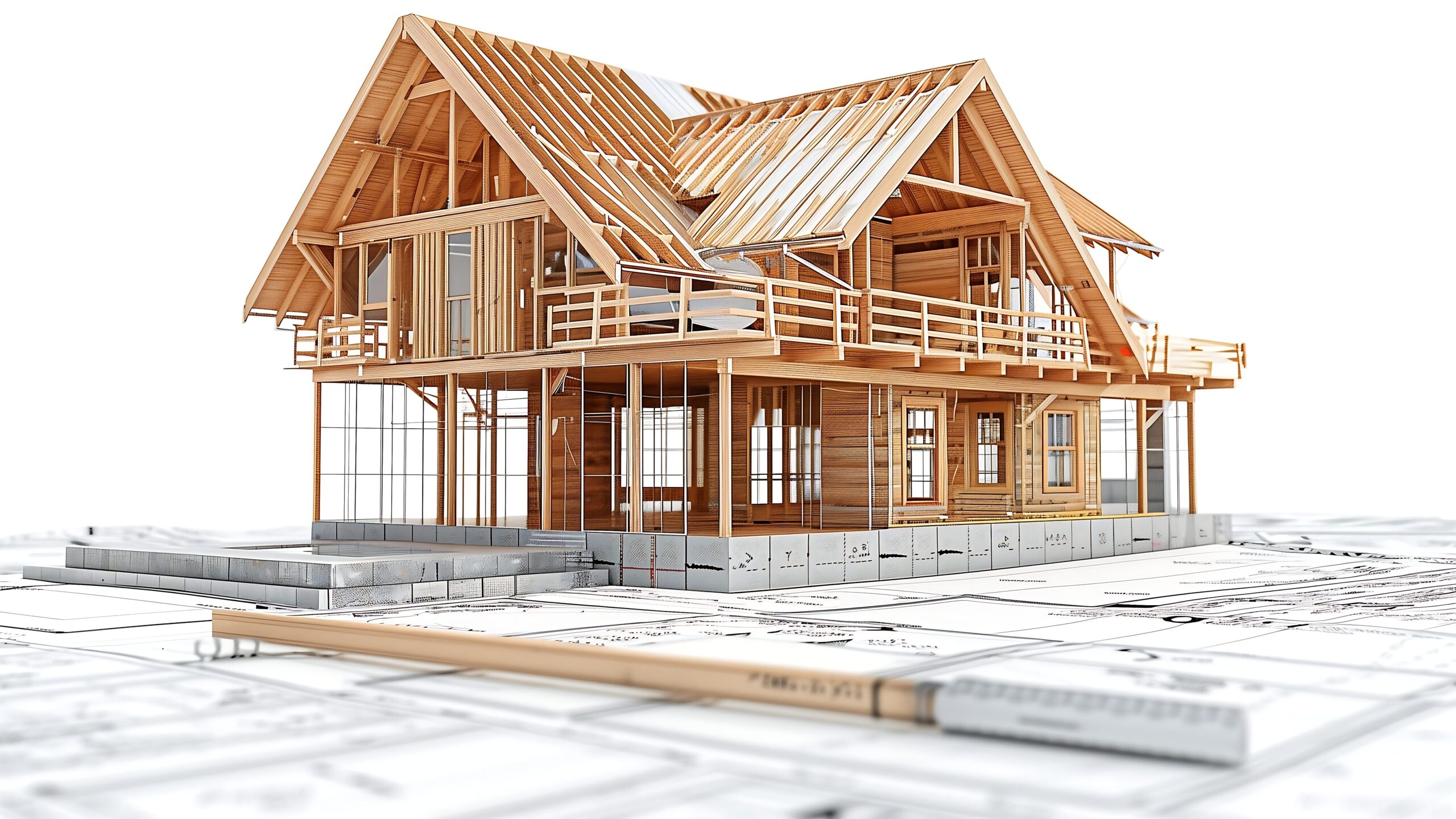 Budowa drewnianego domu na planach architektonicznych.