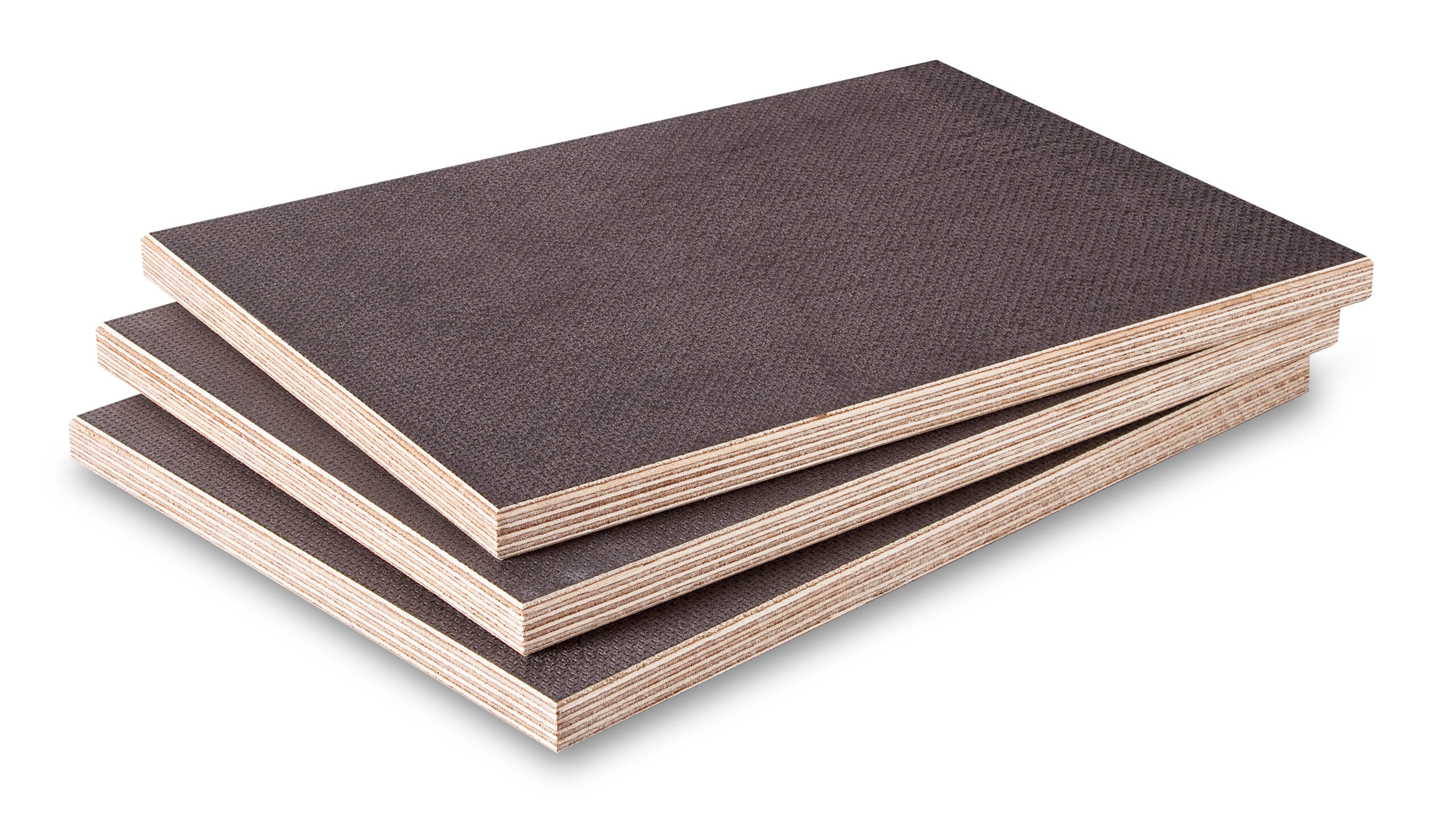 Trzy stosy sklejki ciemnej, widok boczny