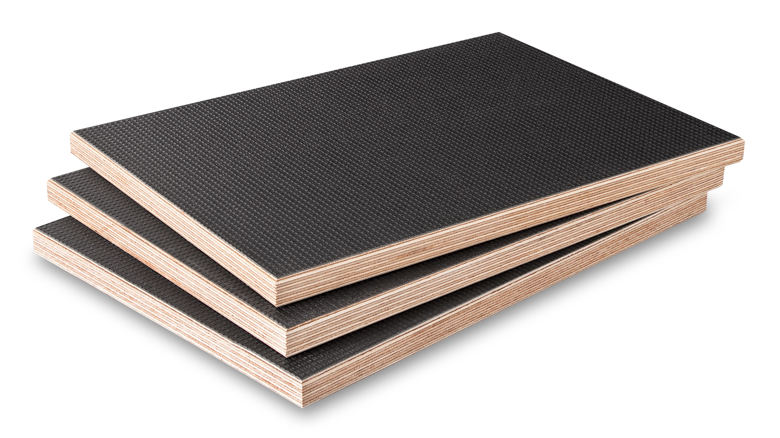 Trzy czarne płyty drewniane, widok z boku.