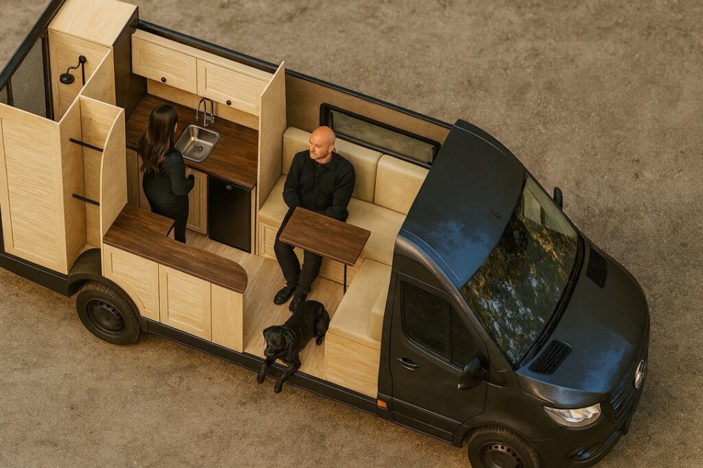 Kamper z otwartym wnętrzem, ludzie i pies